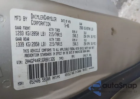 2006 Chrysler Town & Country Lx из США, поврежденный, VIN 2A4GP44R16R881326